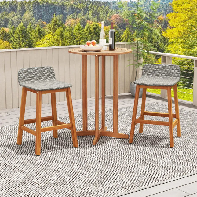 Solid Acacia Wood Bar Stools Set of 2 with Backrests and Footrests for Porch-Gray - Gray - Patio Bar Furniture