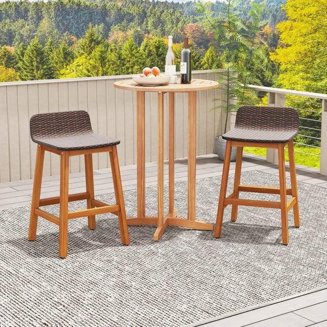 Solid Acacia Wood Bar Stools Set of 2 with Backrests and Footrests for Porch-Brown - Brown - Patio Bar Furniture