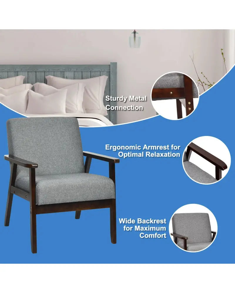Solid Rubber Wood Fabric Accent Armchair for Living Room-Gray - Gray - Accent Chairs