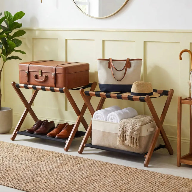Solid Rubberwood Folding Luggage Rack with Nylon Shelves Set of 2-Brown - Shoe Racks & Storage Benches