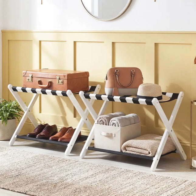 Solid Rubberwood Folding Luggage Rack with Nylon Shelves Set of 2-White - Black & White - Shoe Racks & Storage Benches