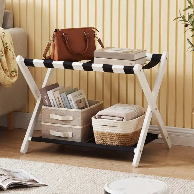 Solid Rubberwood Folding Luggage Rack with Nylon Shelves-White - Black & White - Shoe Racks & Storage Benches