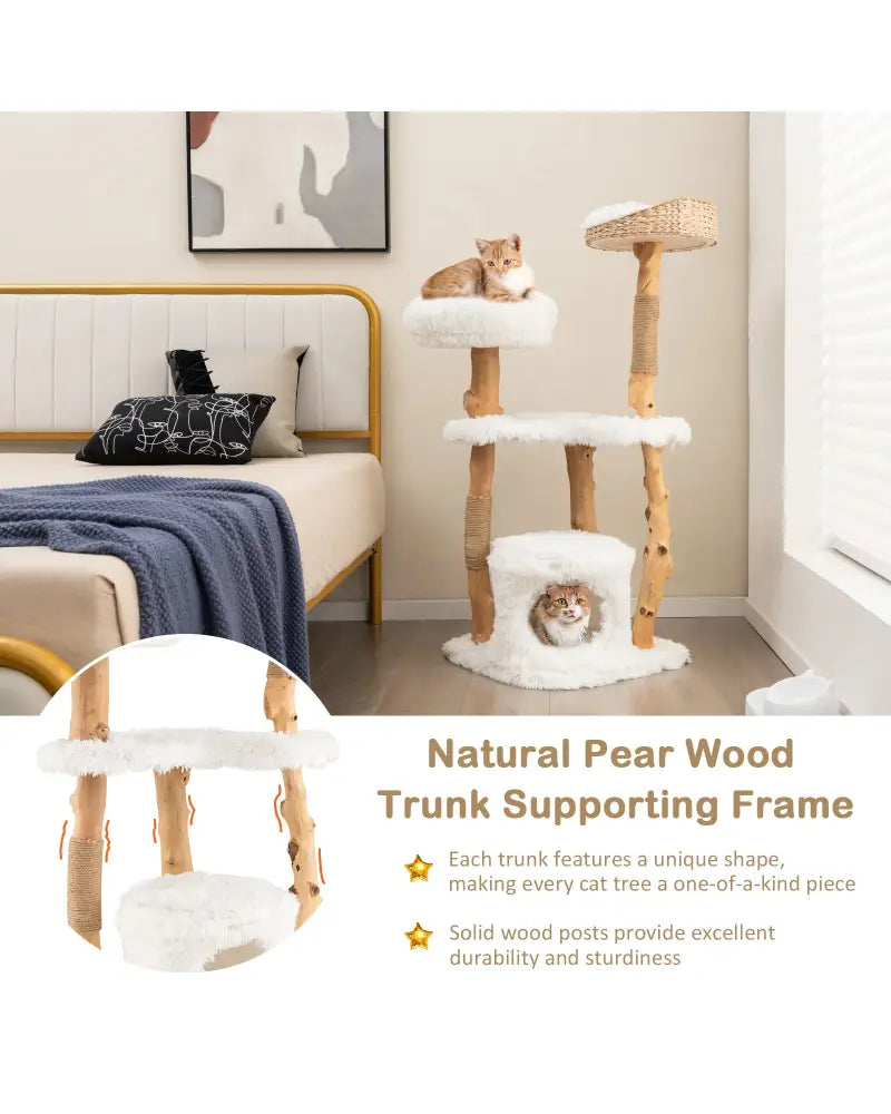 Solid Wood Cat Tower with Top Cattail Basket Cat Bed for Indoor Cats-White - White - Cat Trees Condos & Scratchers