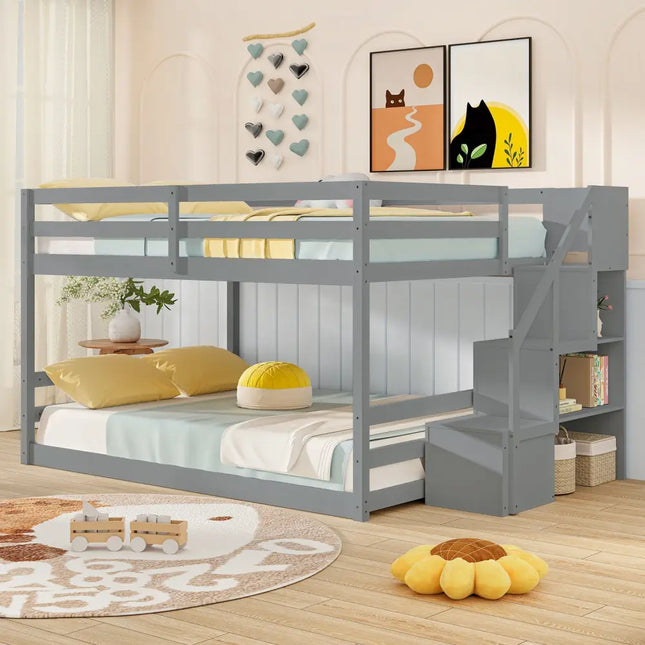 Solid Wood Full Over Full Low Bunk Bed with Storage Stairs-Gray - Gray - Bunk Bed Frame