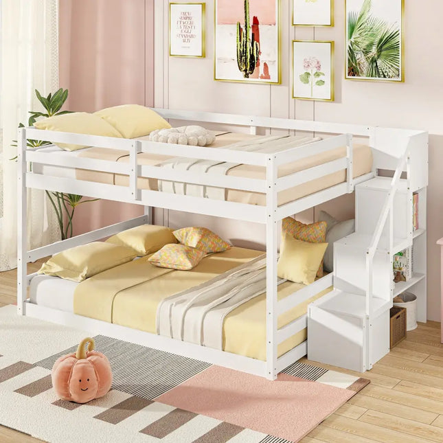 Solid Wood Full Over Full Low Bunk Bed with Storage Stairs-White - White - Bunk Bed Frame