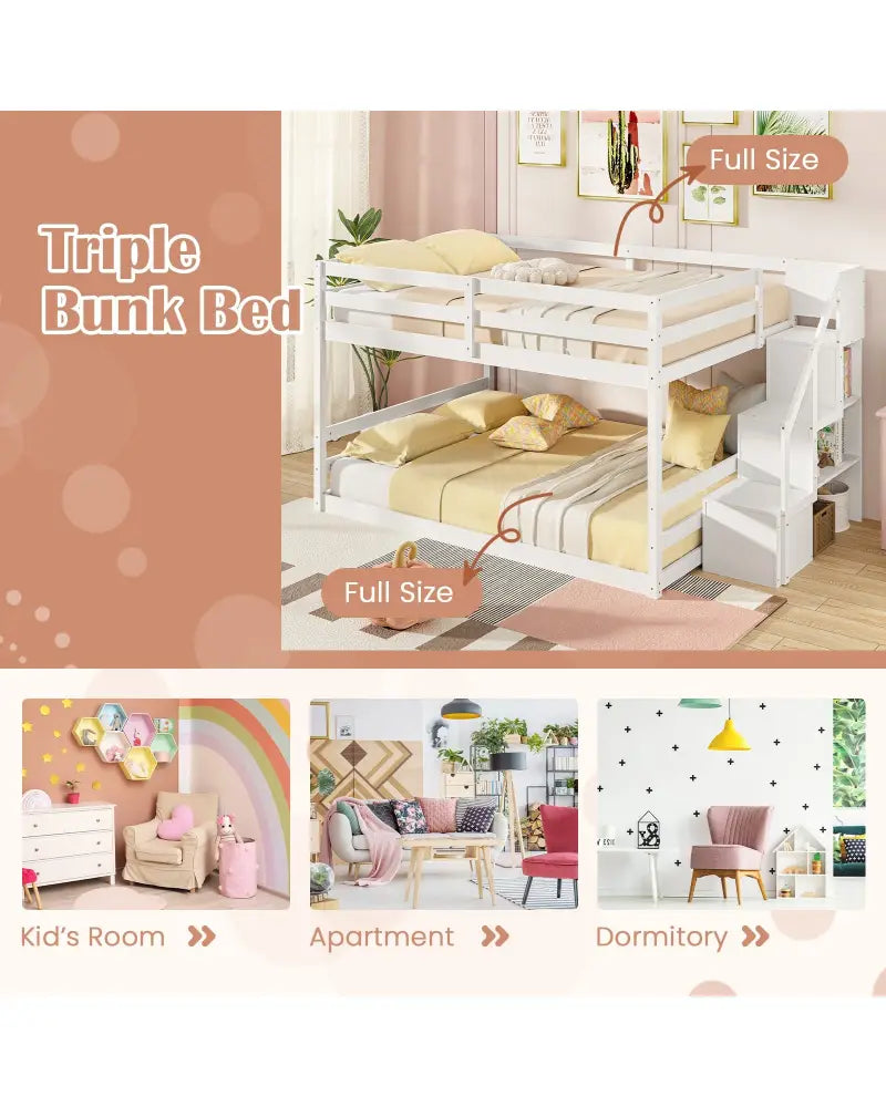 Solid Wood Full Over Full Low Bunk Bed with Storage Stairs-White - White - Bunk Bed Frame