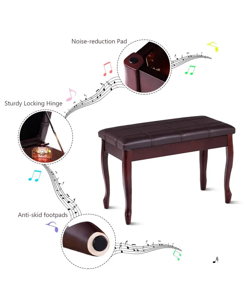 Solid Wood PU Leather Piano Bench with Storage-Brown - Brown - Ottomans