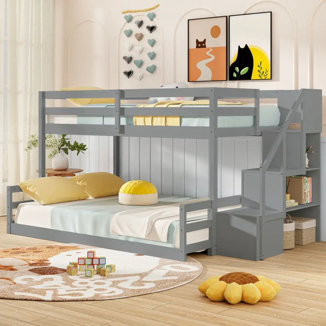 Solid Wood Twin Over Full Low Bunk Bed with Storage Stairs-Grey - Gray - Bunk Bed Frame
