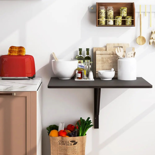 Space Saver Folding Wall-Mounted Drop-Leaf Table-Brown - Brown - Laptop Tables & Printer Stands
