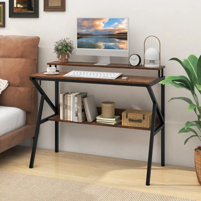 Space Saving Computer Desk with Monitor Stand and Extra Storage Shelf for Work Study-Rustic Brown - Rustic Brown