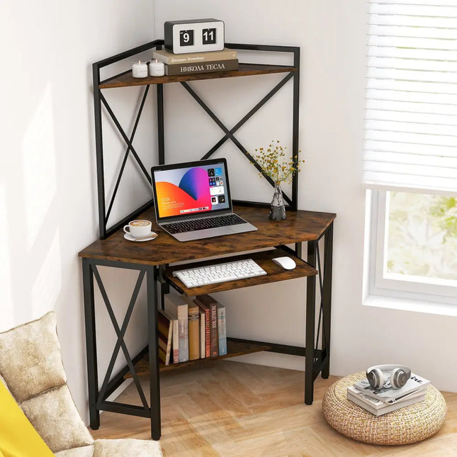 Space-Saving Corner Computer Desk with with Hutch and Keyboard Tray-Rustic Brown - Rustic Brown - Corner Desks