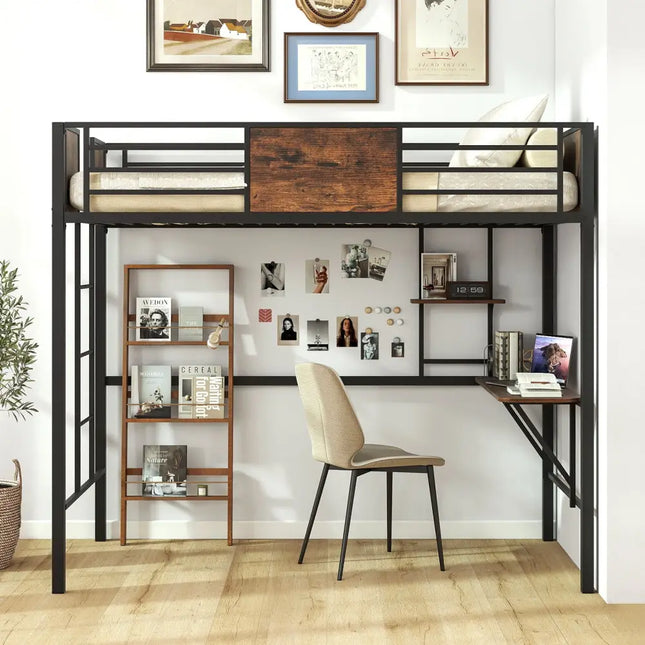 Space-Saving Twin Loft Bed with Safety Guardrail and Ladder-Coffee - Coffee - Simple Bed Frame