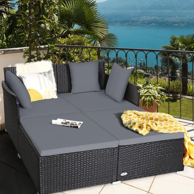 Spacious Outdoor Rattan Daybed with Upholstered Cushions and Pillows-Gray - Gray - Outdoor Sectionals