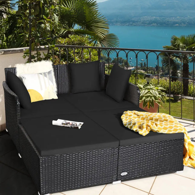 Spacious Outdoor Rattan Daybed with Upholstered Cushions and Pillows-Black - Black - Outdoor Sectionals