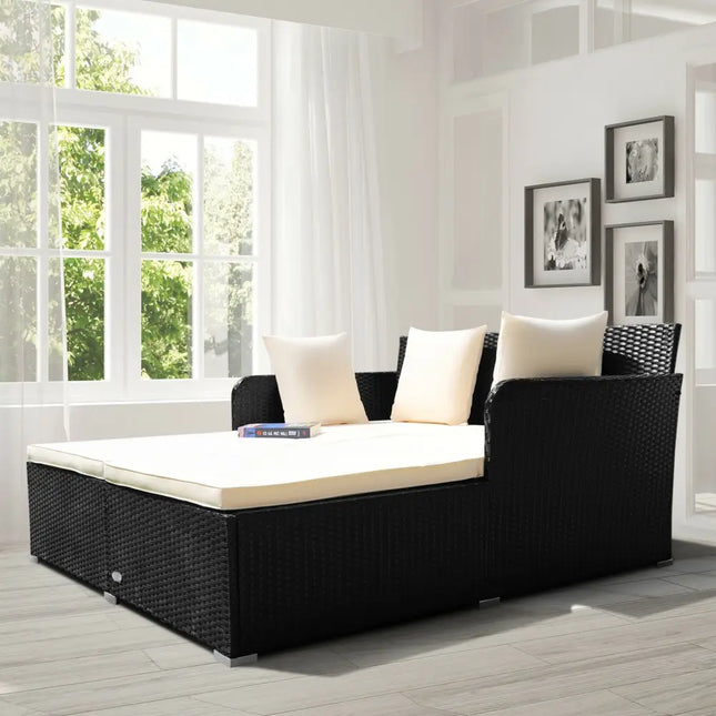 Spacious Outdoor Rattan Daybed with Upholstered Cushions and Pillows-White - White - Outdoor Sectionals