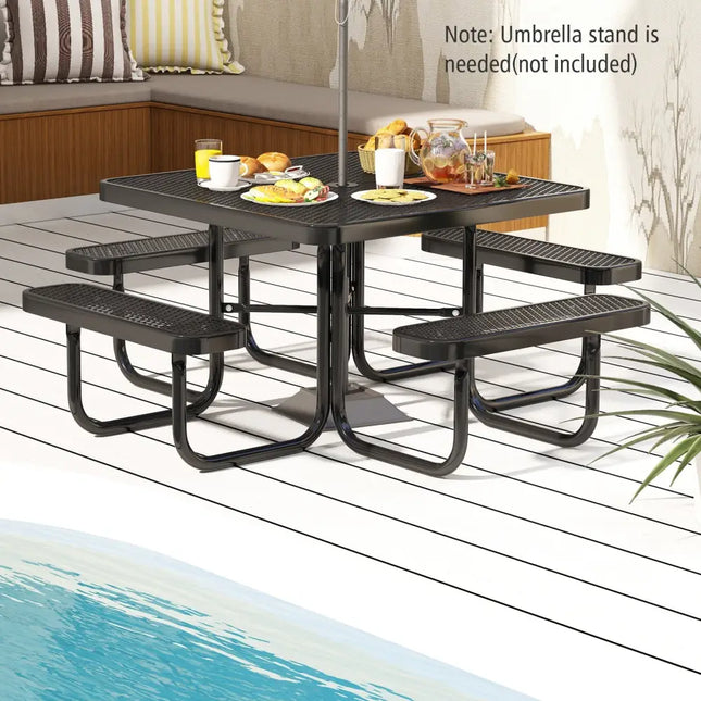 Square Picnic Table and Bench for 8 Person with Seats and Umbrella Hole-Black - Black - Picnic Tables