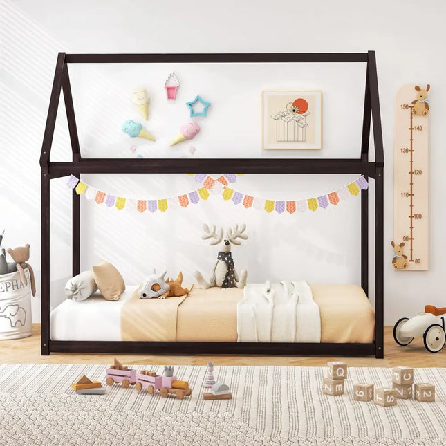 Stable Kids Platform Floor Bed with Roof and Heavy-Duty Slats-Espresso - Espresso - Simple Bed Frame