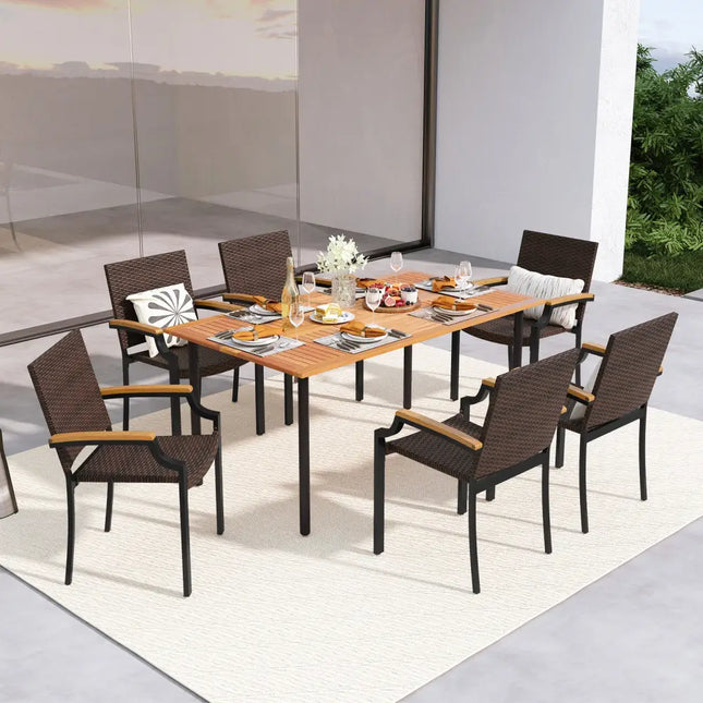 Stacking Wicker Chairs Set of 2 Patio Rattan Dining Chairs with Acacia Wood Armrests - Patio Dining Chairs