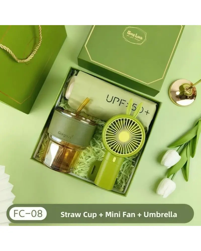 Summer Gift Set – Insulated Water Bottle Mini Fan & UPF 50+ Sun Umbrella - C