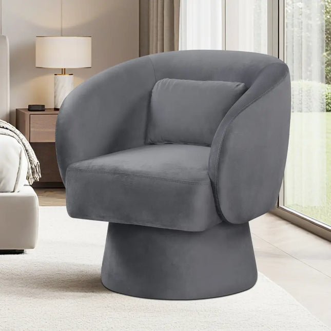 Swivel Accent Chair Upholstered Barrel Chair with Curved Back and Removable Lumbar Pillow-Gray - Gray - Accent Chairs