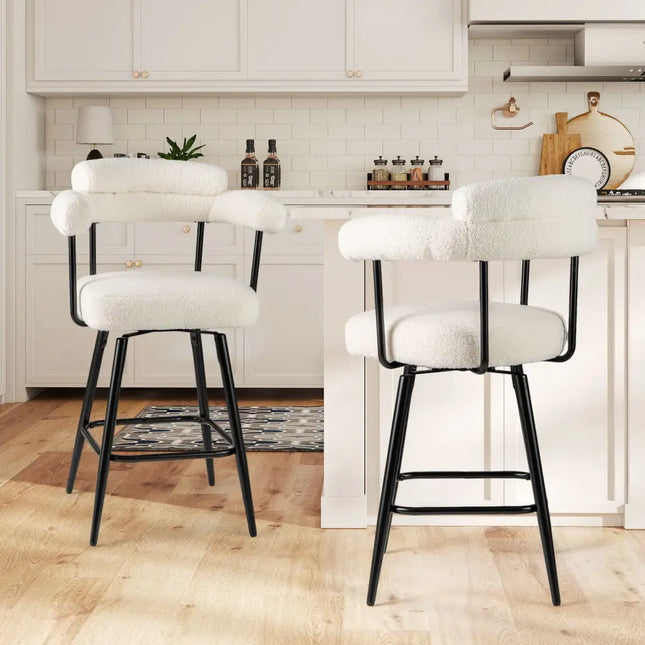 Swivel Bar Stool Set of 2 Counter Height Chairs with Curved Back and Arms-White - White - Bar Stools