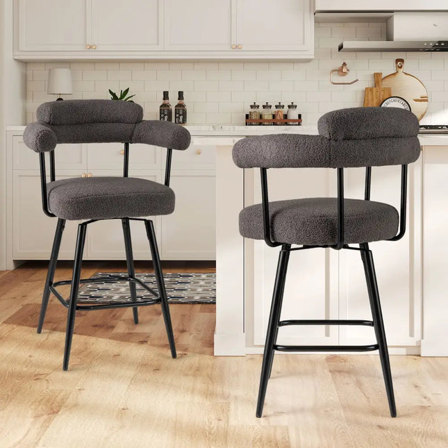 Swivel Bar Stool Set of 2 Counter Height Chairs with Curved Back and Arms-Grey - Gray - Bar Stools