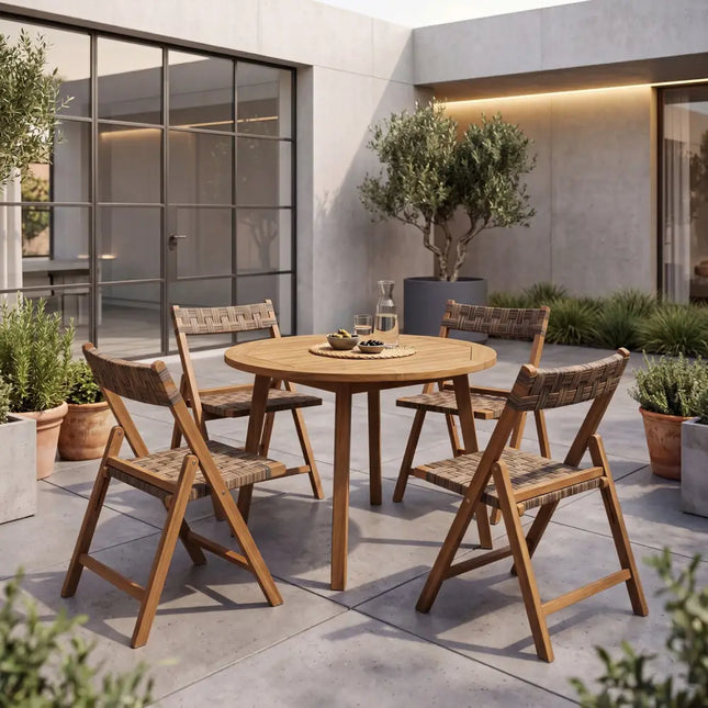 Teak Folding Chairs Set of 2 with Hand-Woven Rattan and Contoured Back - Patio Dining Chairs