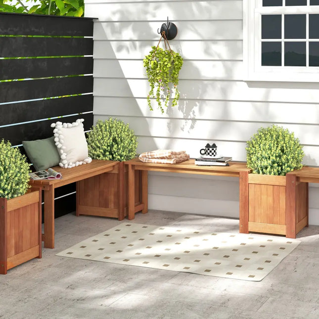 Teak Oil Finish Raised Garden Bed Wood Planter Box with Bench - Potting Benches & Tables