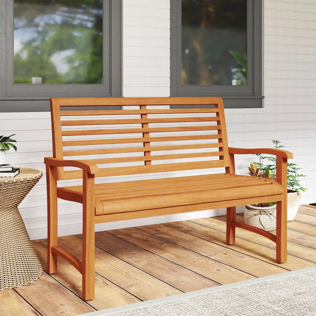 Teak Wood Outdoor Garden Bench with Slatted Backrest and Seat - Outdoor Benches