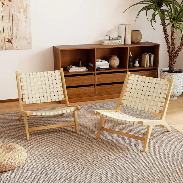 Teak Wood Patio Chair Armless with Webbing Seat and Backrest-Natural - Natural - Patio Dining Chairs