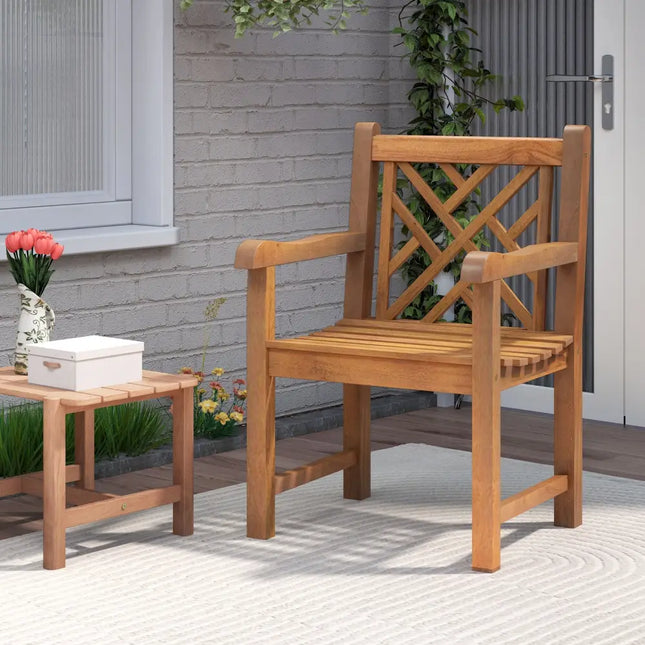Teak Wood Patio Dining Chair with Slatted Seat Cross-Rhombus Backrest and Solid Legs - Natural - Patio Dining Chairs