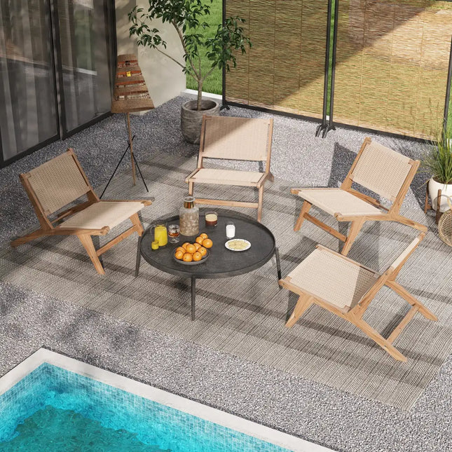 Teak Wooden Chair with Braided Rope Seat and Backrest for Backyard - Natural - Patio Dining Chairs