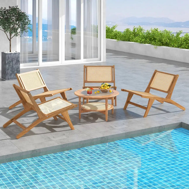 Teak Wooden Chair with Handwoven Rattan Seat and Backrest - Natural - Patio Dining Chairs