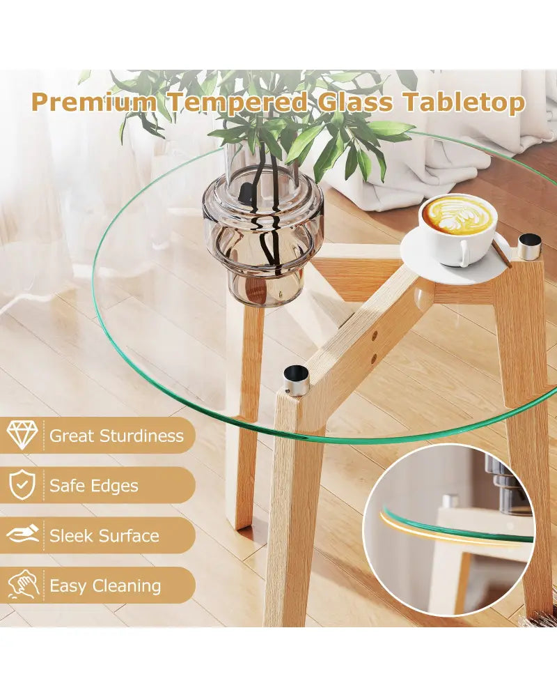 Tempered Glass End Table Round with Solid Rubber Wood Structure-1 Piece - Natural - End & Side Tables