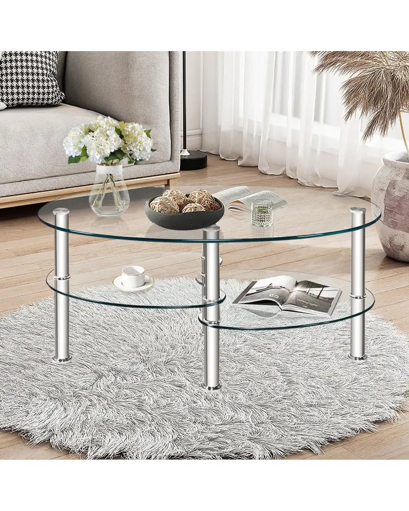 Tempered Glass Oval Side Coffee Table-Transparent - Transparent - Coffee Tables