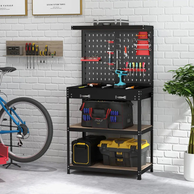 Tool Storage Workbench with Pegboard with 14 Hanging Accessories for Garage-Black and Red - Red - Garages
