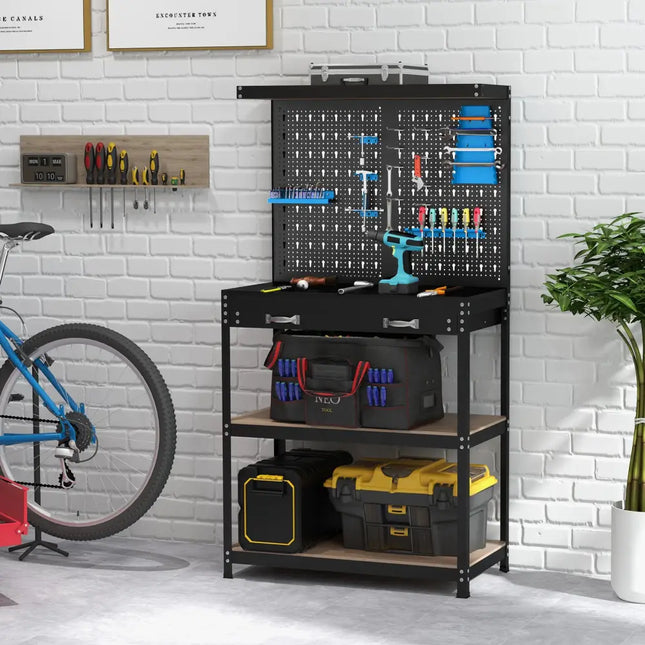 Tool Storage Workbench with Pegboard with 14 Hanging Accessories for Garage-Black and Blue - Blue - Garages