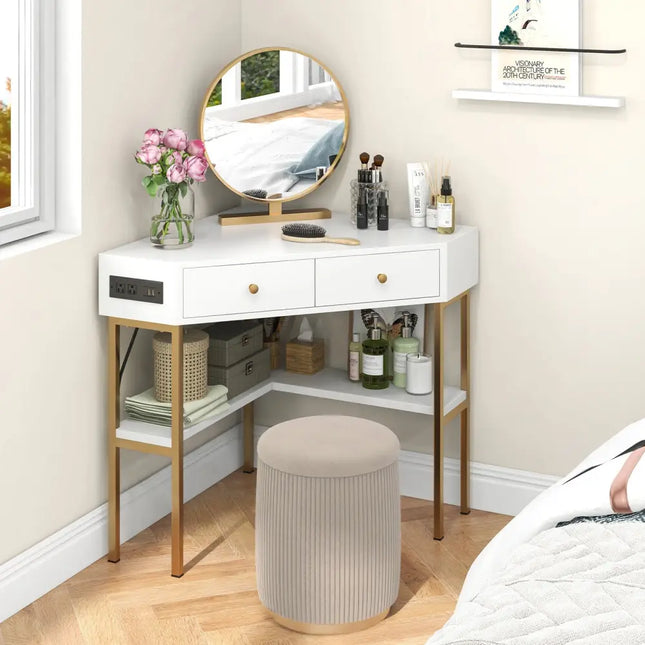 Triangle Corner Desk with Charging Station with 2 Drawers and Storage Shelf-White - White - Corner Desks