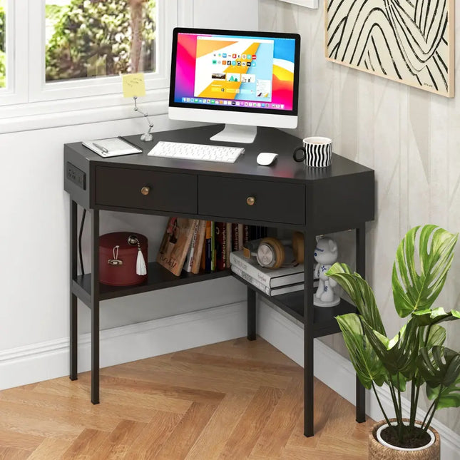Triangle Corner Desk with Charging Station with 2 Drawers and Storage Shelf-Black - Black - Corner Desks
