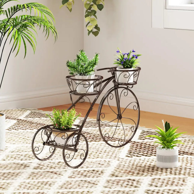 Tricycle Plant Stand Flower Pot Cart Holder with 3 Hollowed Baskets-Bronze - Bronze - Plant Stands