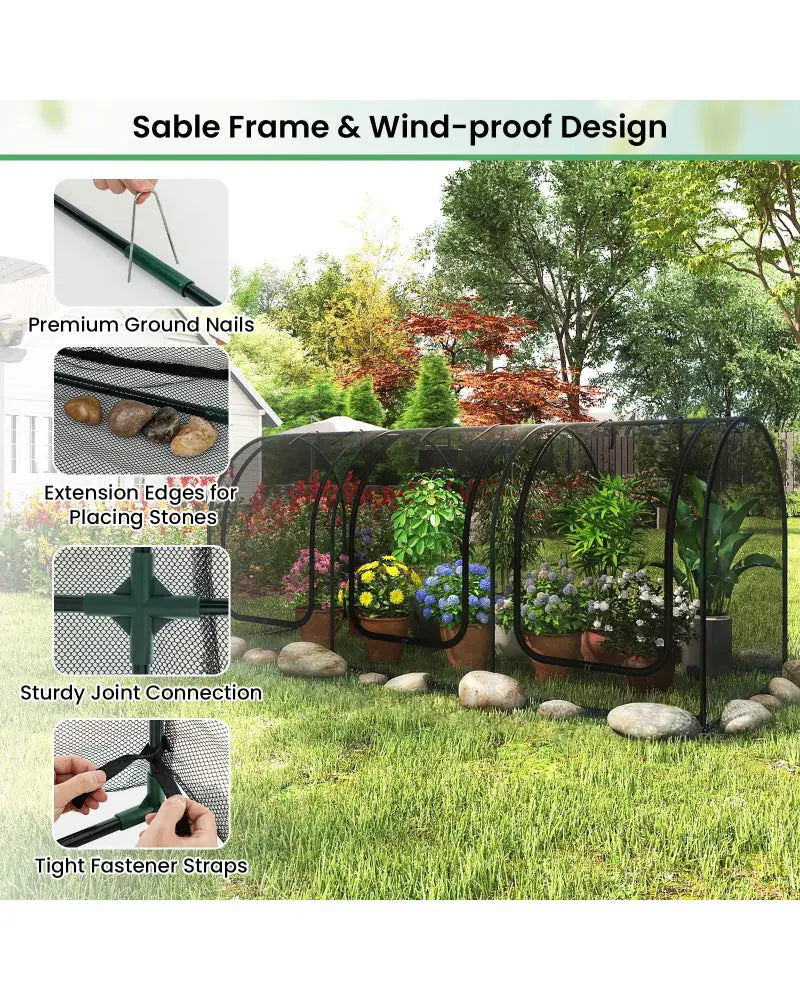 Tunnel Crop Cage Large Portable Plant Protection Tent with 3 Roll-up Zippered Doors - Greenhouses