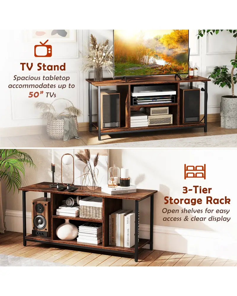 TV Stand Entertainment Center with Open Storage Shelves and Power Outlets to 50 Inches-Rustic Brown - Rustic Brown