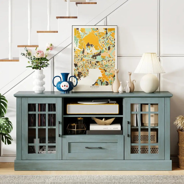 TV Stand for TVs up to 70 with Glass Doors Cubbies and Drawer-Green - Green - Entertainment Centers & TV Stands