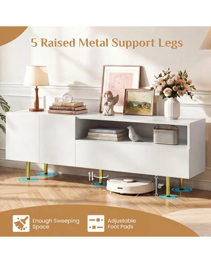 TV Stand for TVs up to 70’’ with Storage Cabinet and Raised Metal Legs-White - White - Entertainment Centers & TV Stands