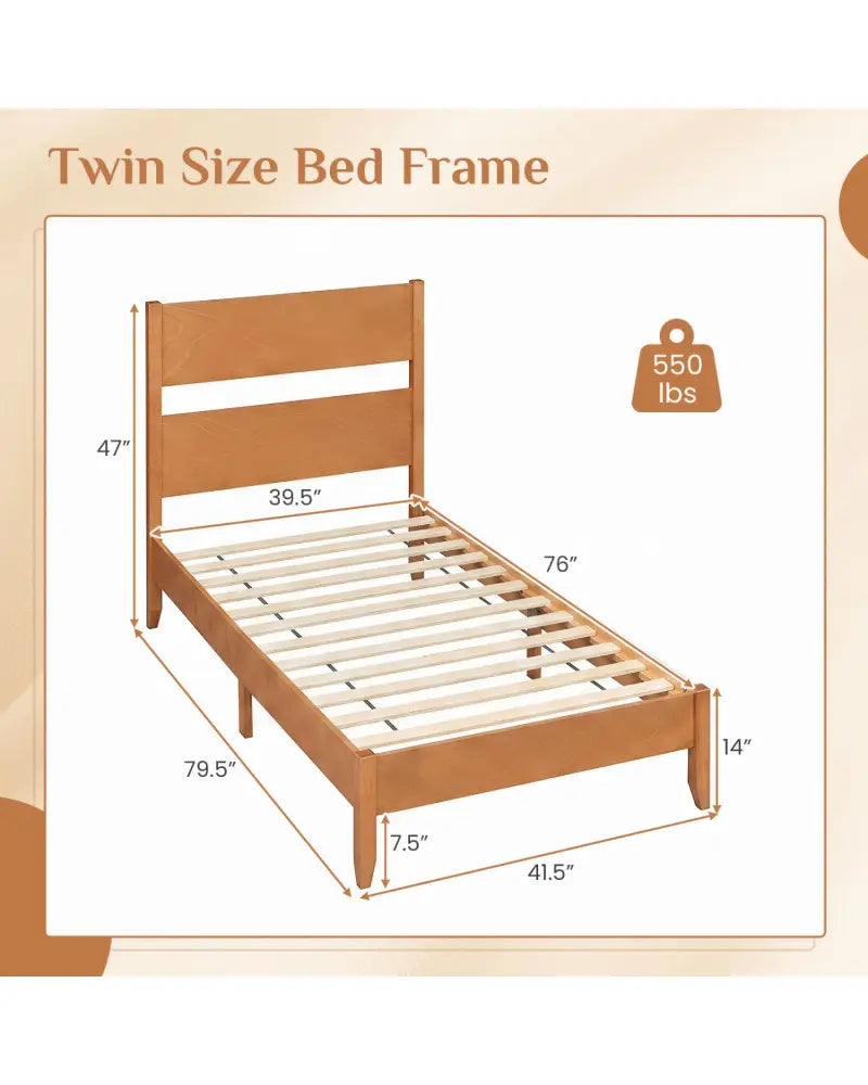 Twin Bed Frame with Headboard with Solid Wood Legs 12 Slats-Warm Brown - Brown - Beds & Bed Frames