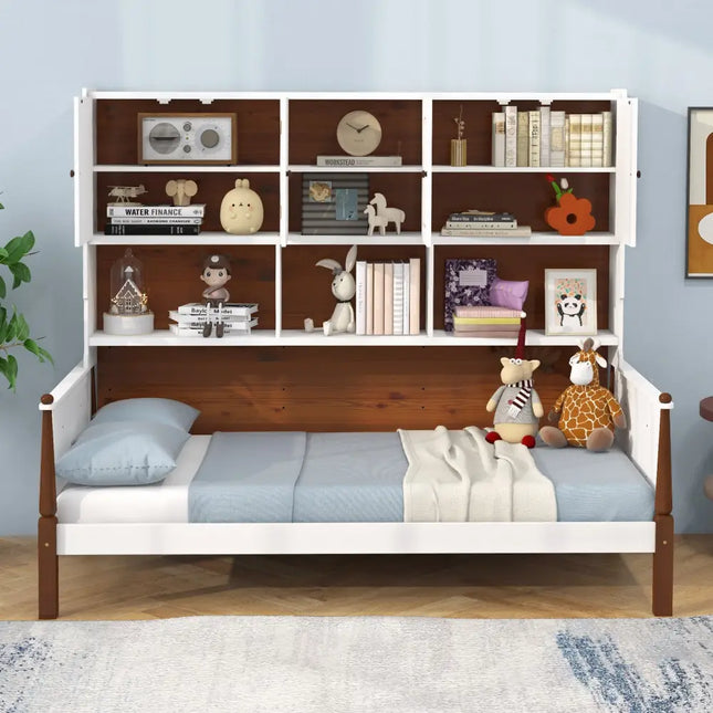 Twin Bed with Bookcase with Shelves and Wooden Slat Support No Box Spring Needed for Living Room Bedroom-White - White