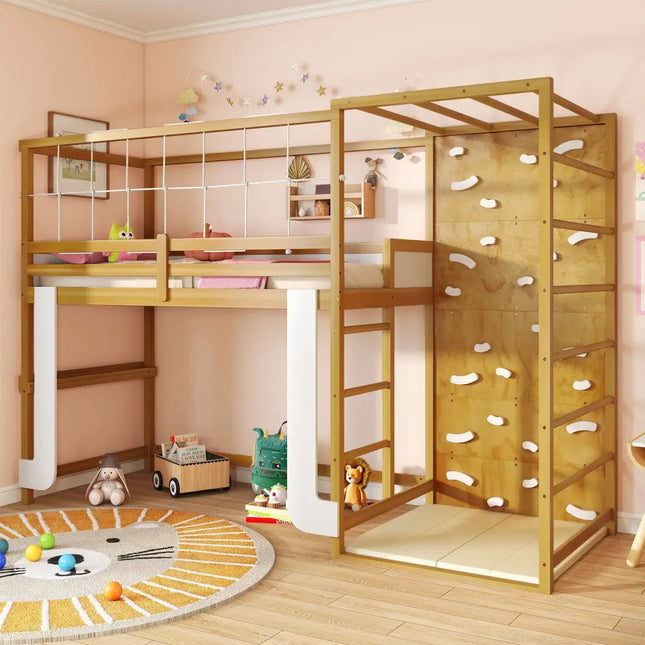 Twin Bunk Bed with Jungle Gym Wooden Loft Bed with Climbing Ladder-Natural - Natural - Bunk Bed Frame