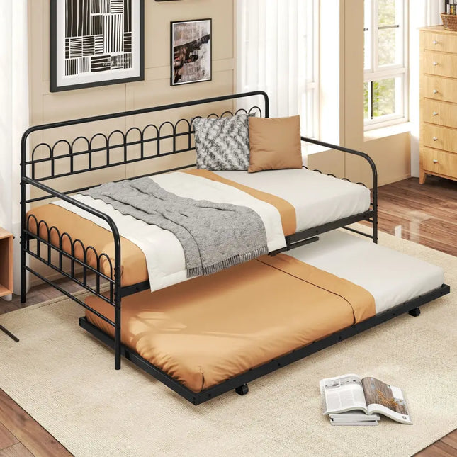 Twin Daybed with Curved Backrest and Armrests-Black - Black - Trundle Bed Frame