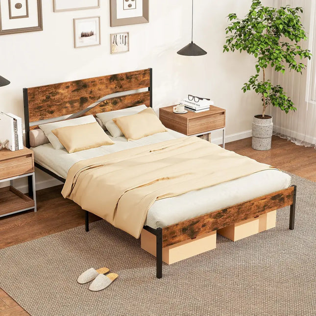 Twin/Full/Queen/King Metal Bed Frame with Wooden Headboard and Footboard-Full Size - Rustic Brown - Simple Bed Frame
