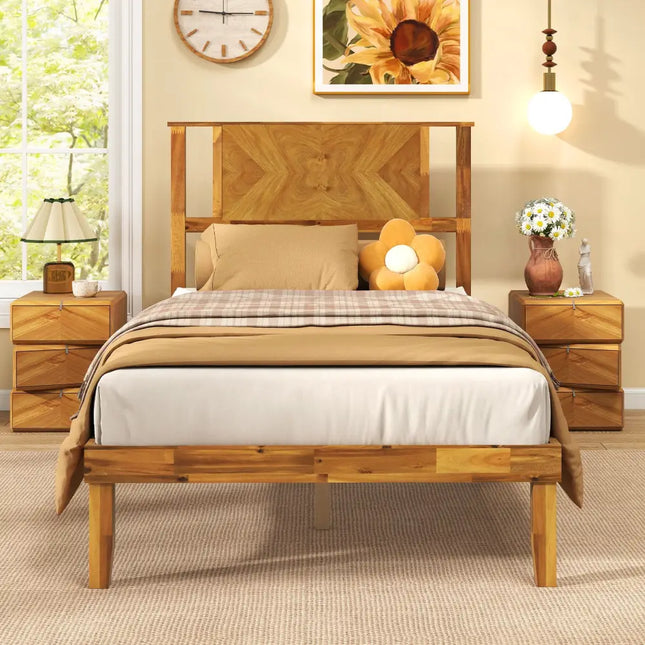 Twin/Full/Queen Size Bed Frame Mid-Century Acacia Wood Platform Bed with Headboard-Twin Size - Simple Bed Frame